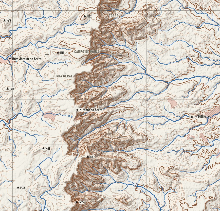 Trecho de carta topográfica da Serra do Rio do Rastro no estilo clássico